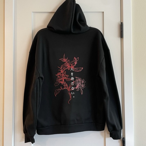 Sweatshirt Hoodie Chinese Characters Oversize Graphic Black XL Skateboard Flower - Picture 1 of 13